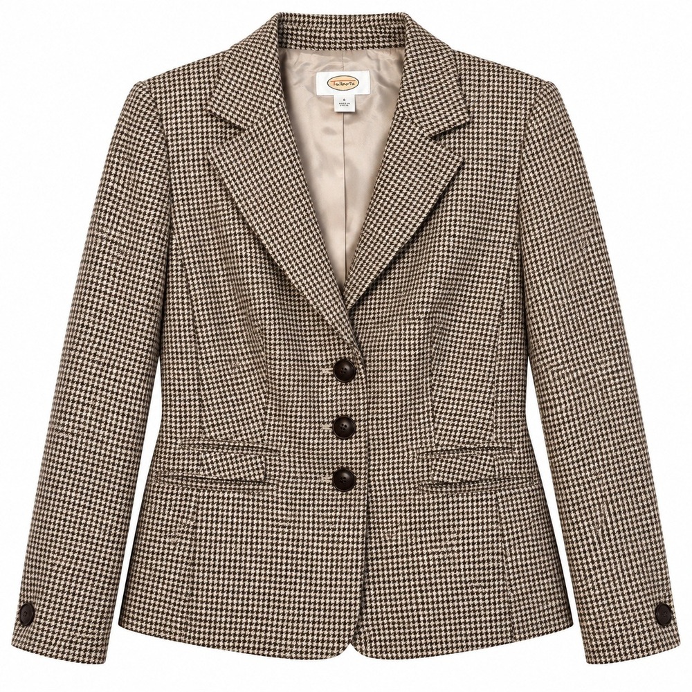 Talbots Wool Houndstooth Blazer Women's Size 6 Brown Preppy Academia Equestrian